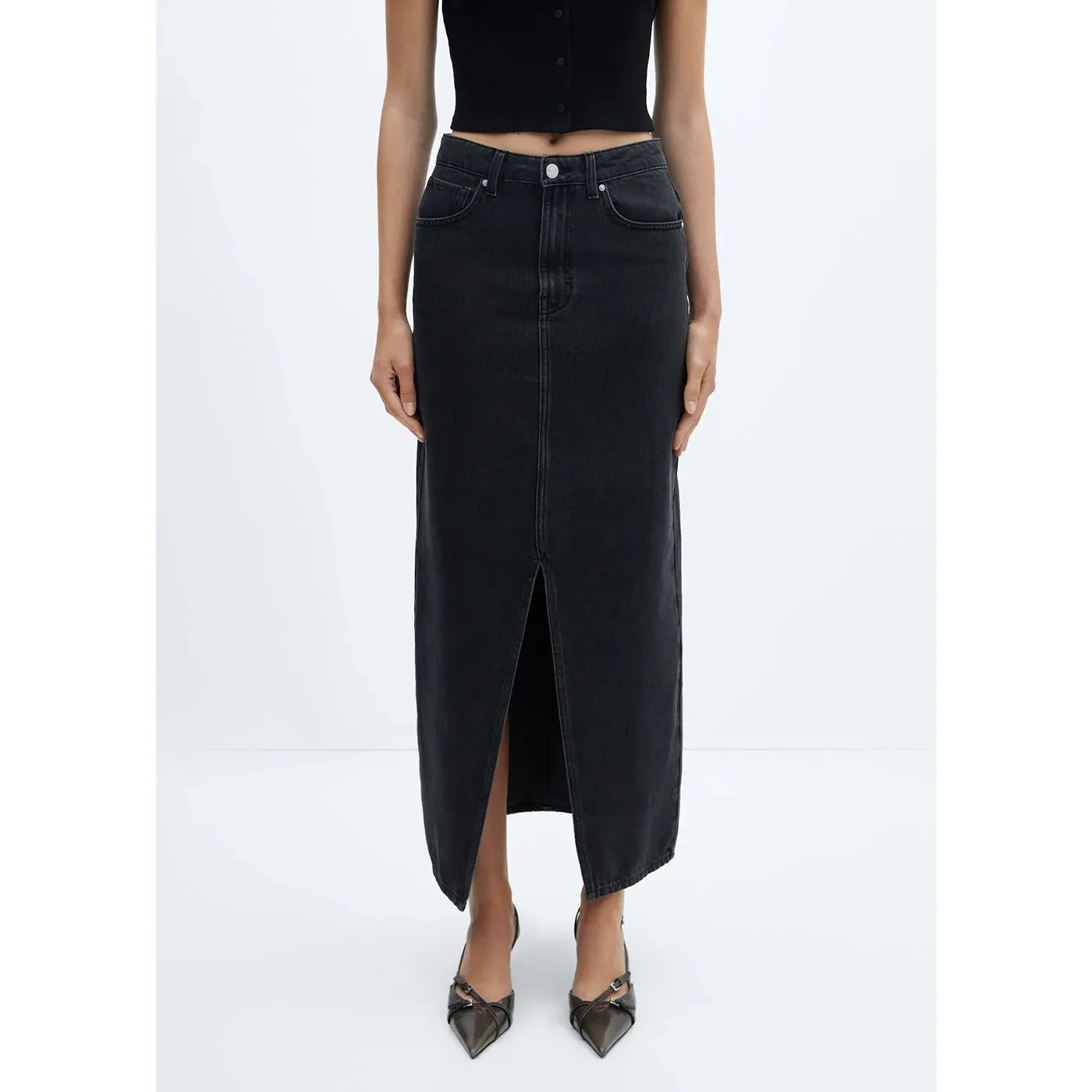 MNG Black Slit Denim Skirt