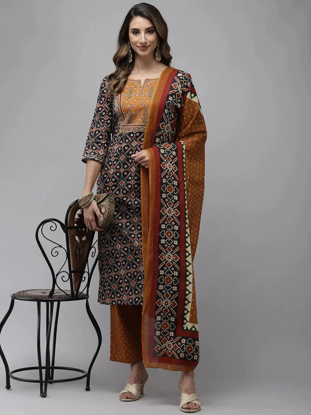 Navy Blue & Mustard Printed Embroidered Dupatta Set