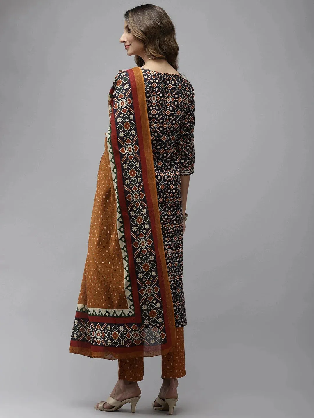 Navy Blue & Mustard Printed Embroidered Dupatta Set