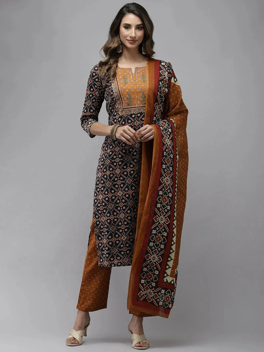 Navy Blue & Mustard Printed Embroidered Dupatta Set