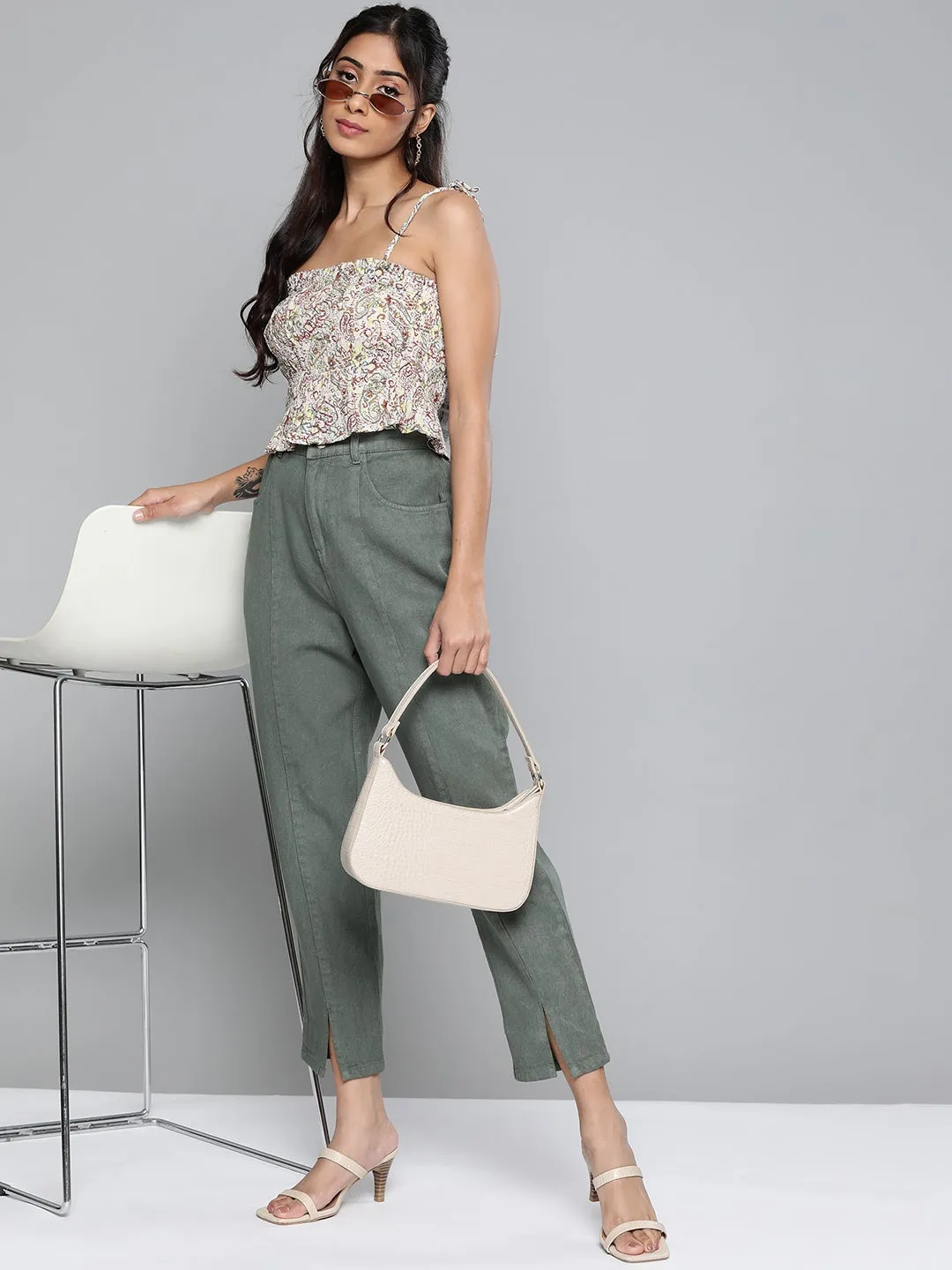 Olive Washed High Waist Front Slit Jeans