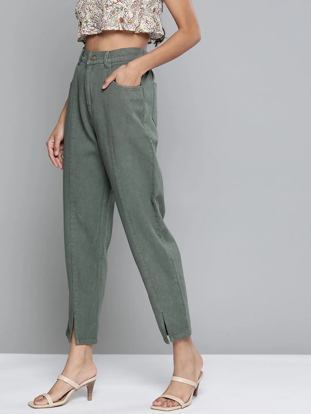 Olive Washed High Waist Front Slit Jeans