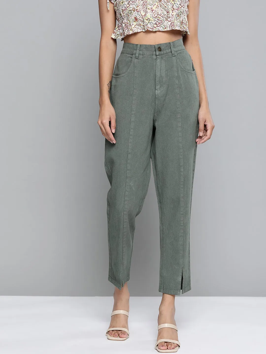 Olive Washed High Waist Front Slit Jeans