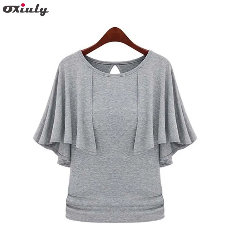 Oxiuly 2016 New Summer Solid Fashion Cloak O-Neck Women Cotton Blend Slimming Stretchy Tops Loose Casual T-Shirt Plus Size M-5XL