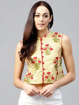 Pale Yellow Printed Top With Madarin Collar