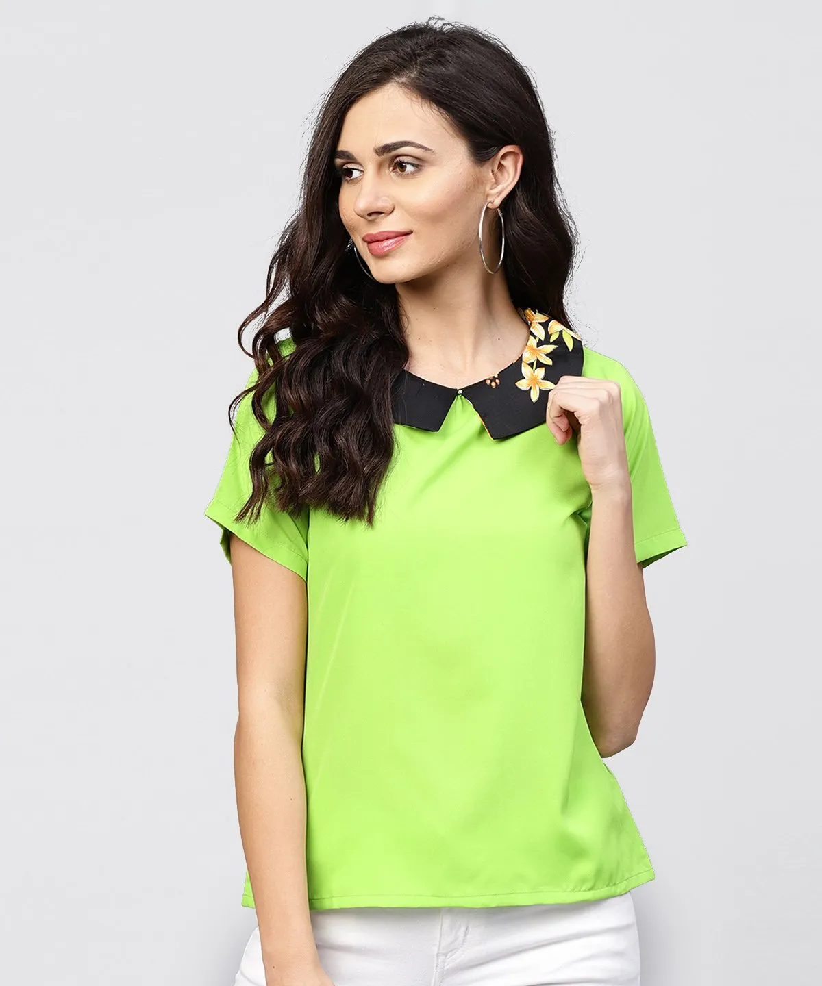 Parrot Green Top With Half Sleeves And Collar