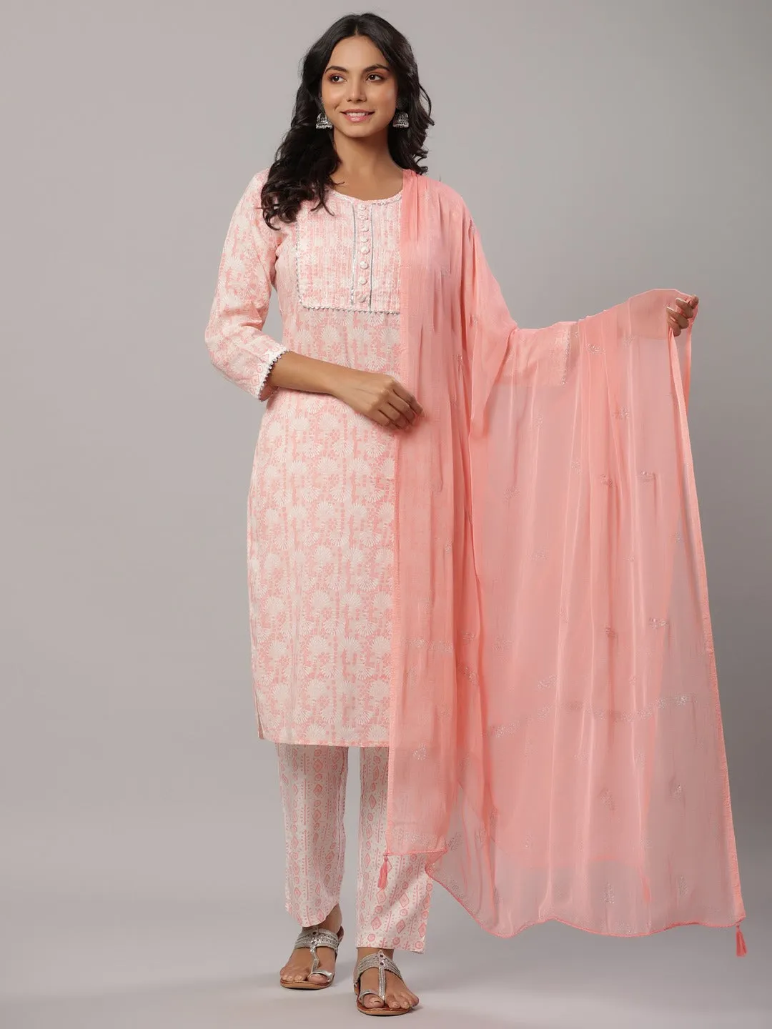 Peach Printed Dupatta Set