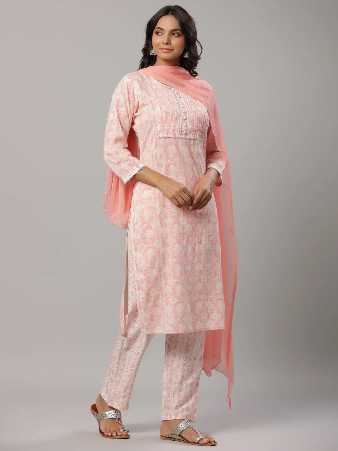 Peach Printed Dupatta Set