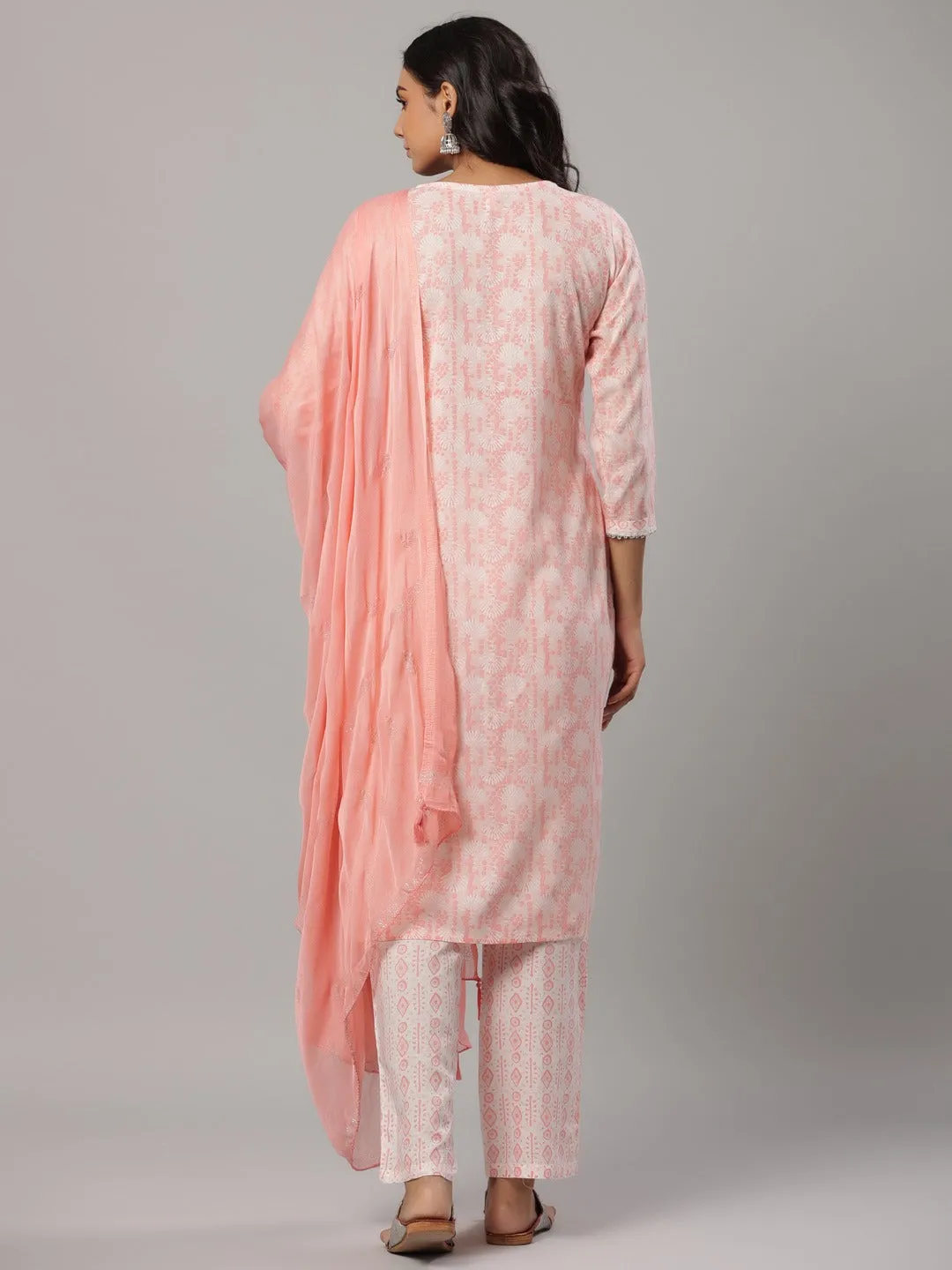 Peach Printed Dupatta Set