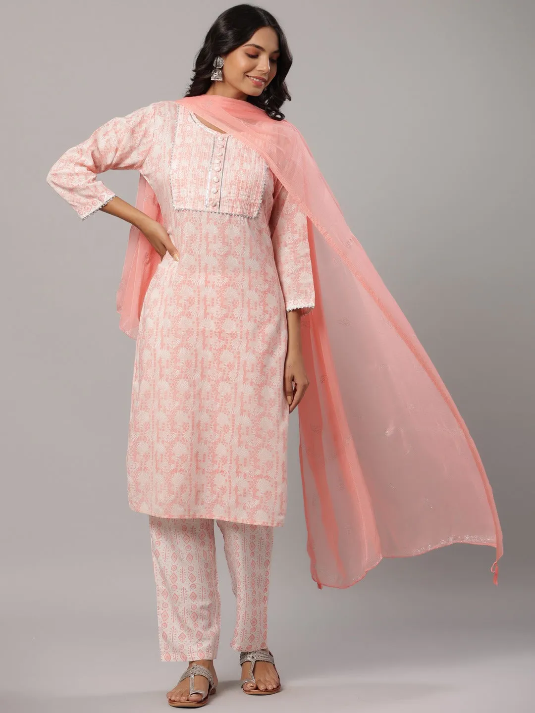 Peach Printed Dupatta Set