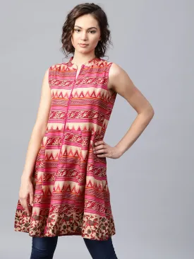 Pink And Blue Printed Sleeveless Cotton Maxi Dress With Pocket