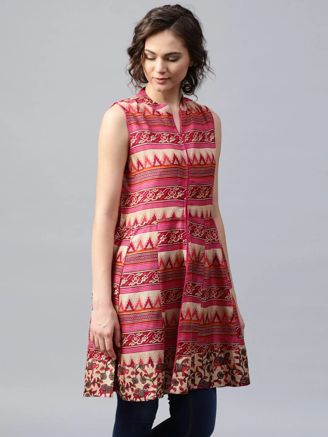 Pink And Blue Printed Sleeveless Cotton Maxi Dress With Pocket