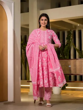 Pink Cotton Anarkali Style Sequins_Work Kurta With Trousers And Dupatta Set