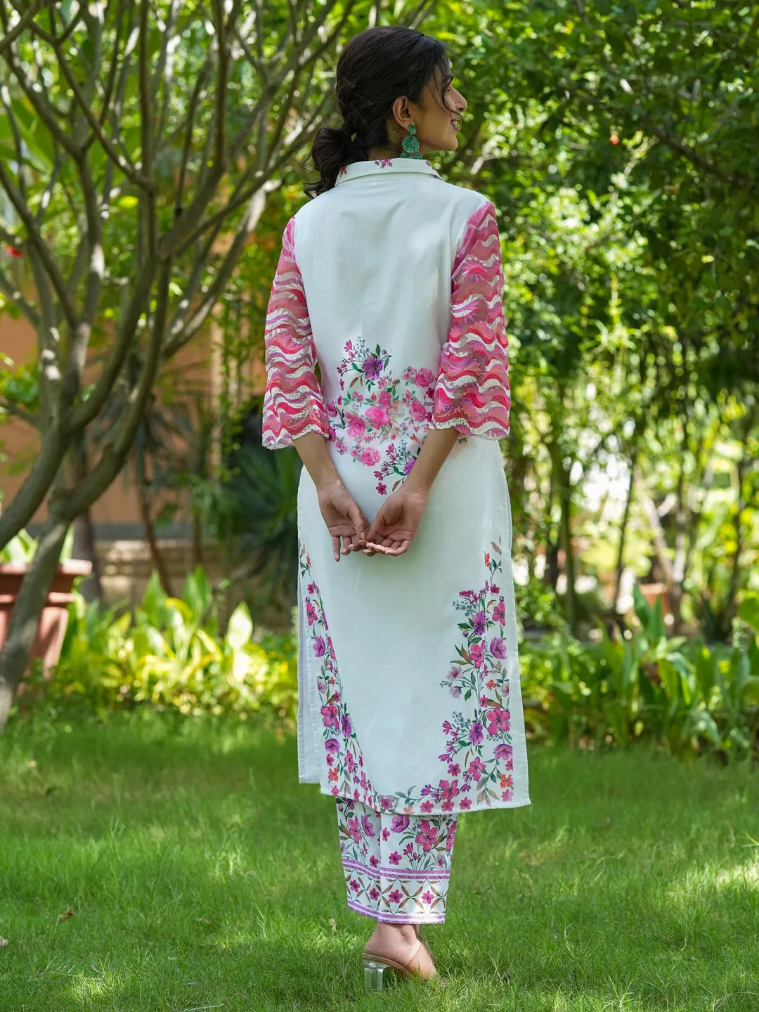 Pink Floral Printed Kurta With Trousers Co-Ords