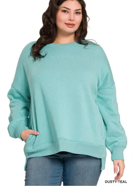 Plus Fleece Hi Low Boyfriend Sweater in Dusty Teal by Zenana