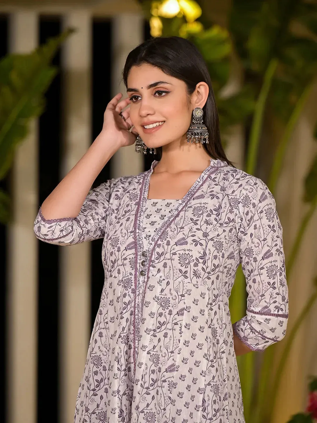 Purple Floral Print A-Line Kurta And Trouser Set