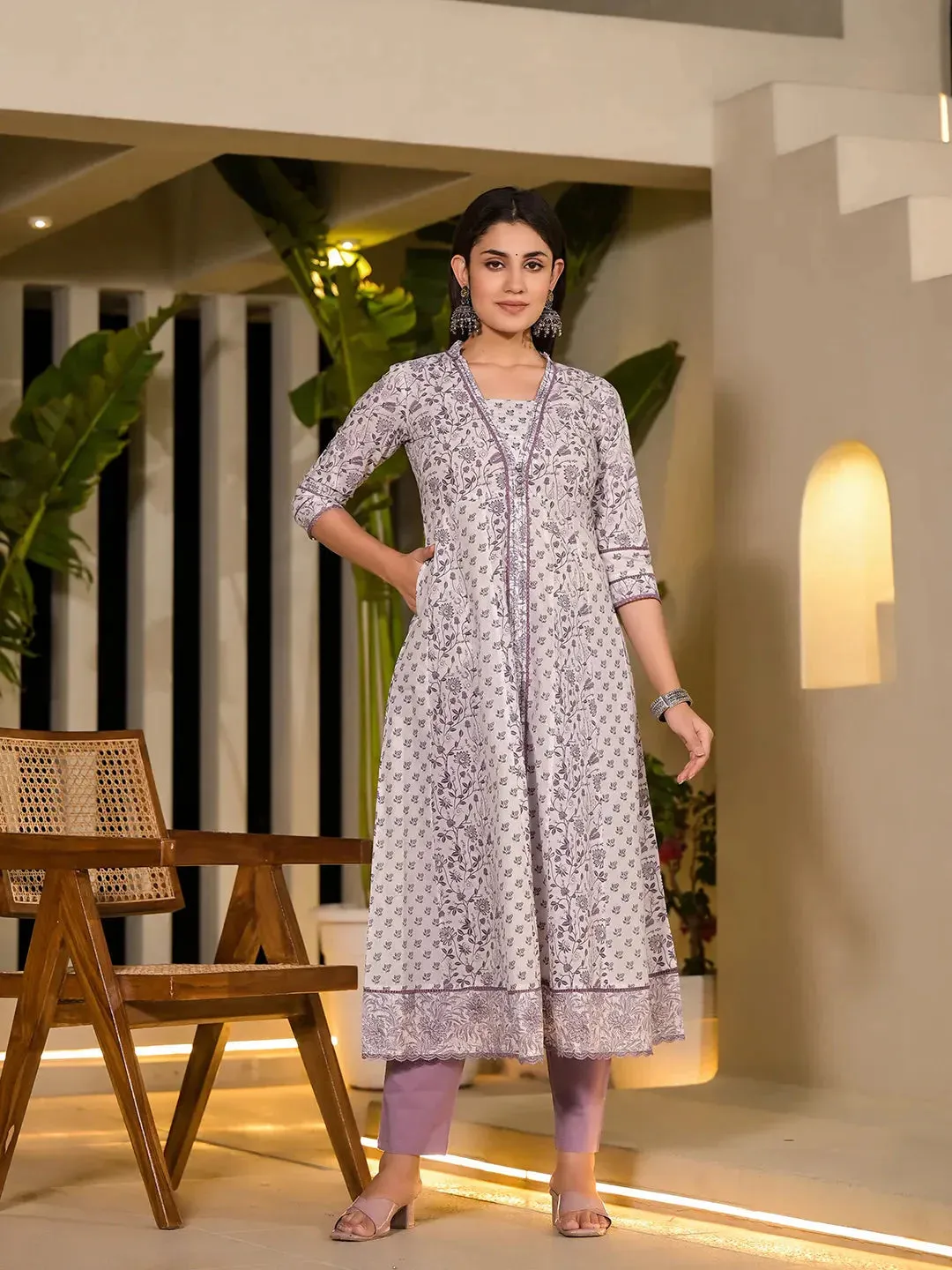 Purple Floral Print A-Line Kurta And Trouser Set