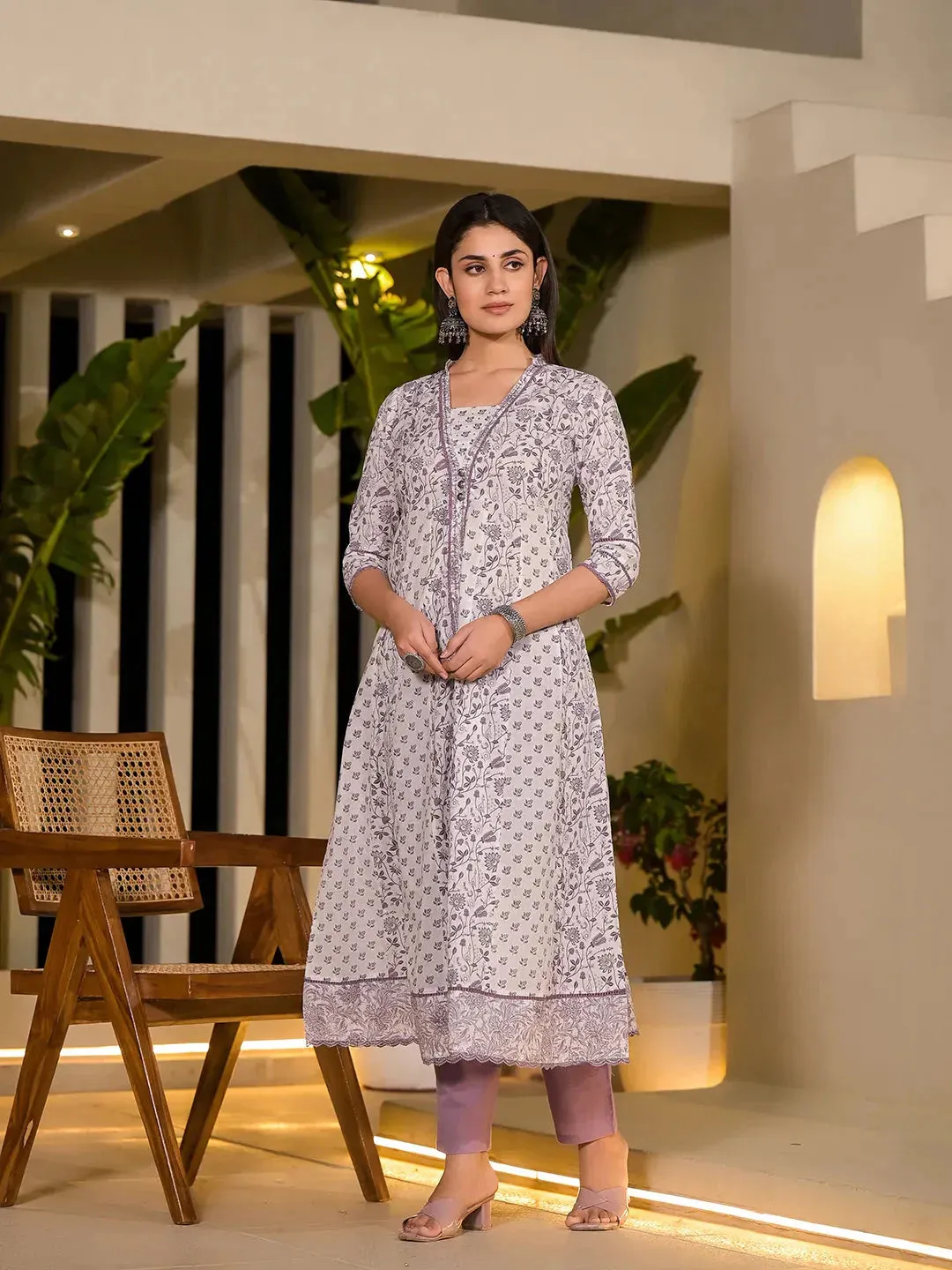 Purple Floral Print A-Line Kurta And Trouser Set