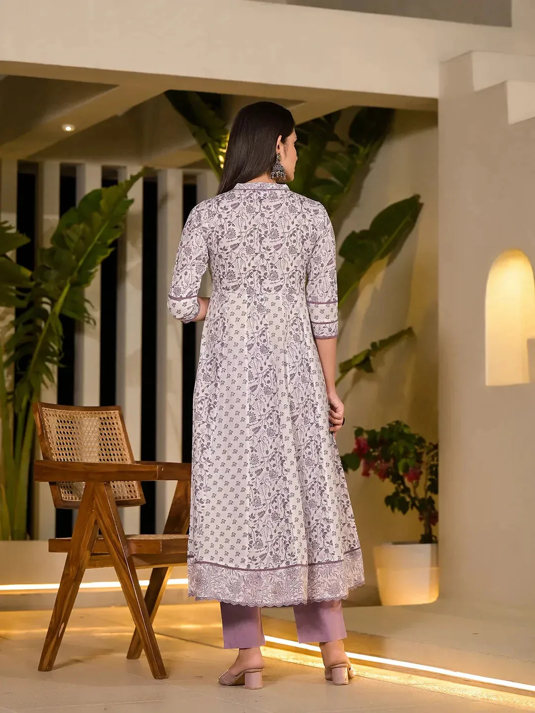 Purple Floral Print A-Line Kurta And Trouser Set