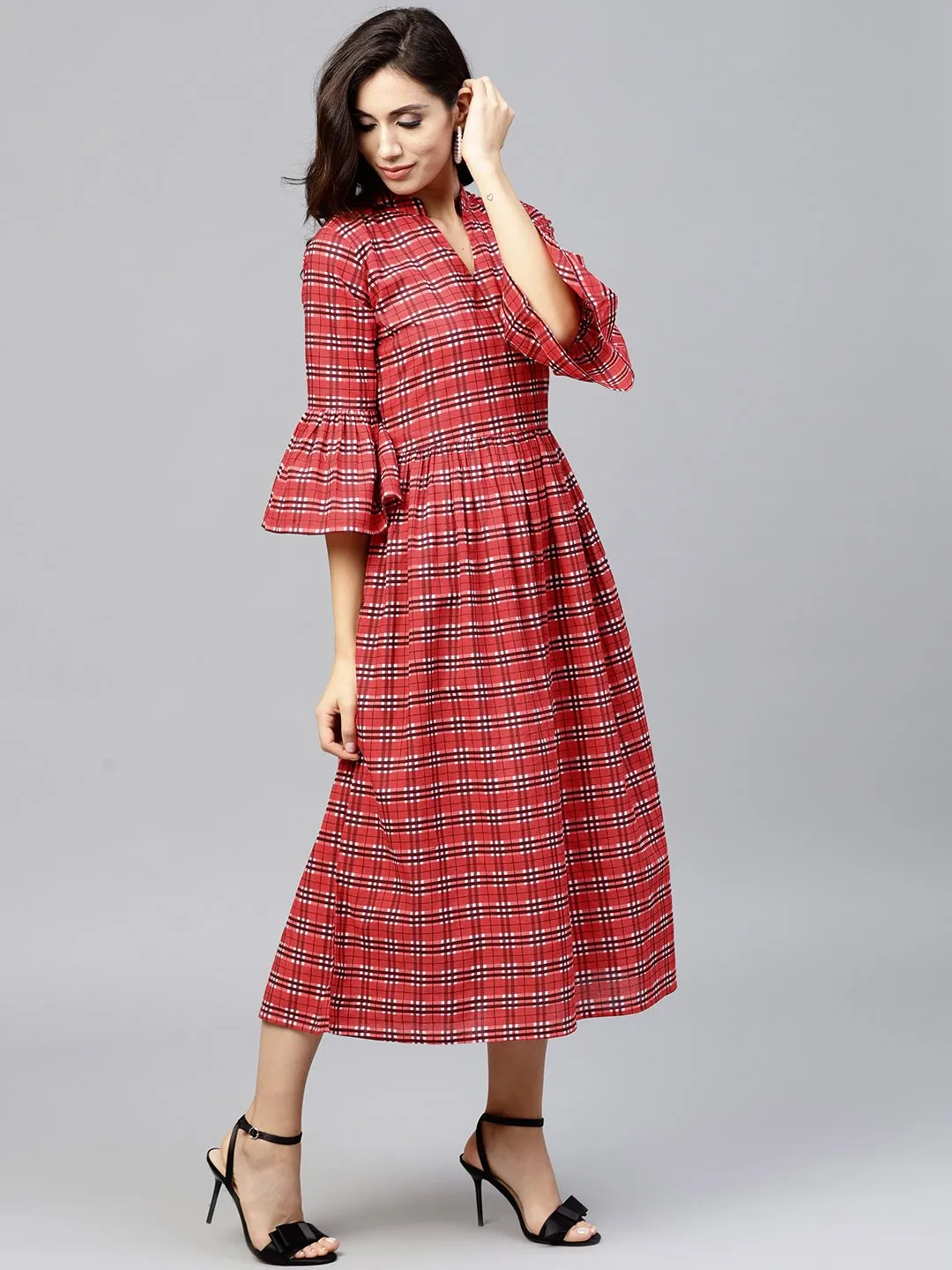 Red Checked Dress With Madarin Collar And Flared Sleeves