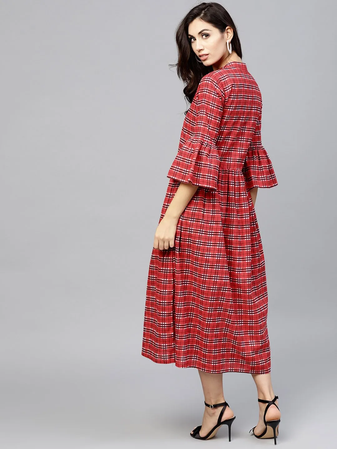 Red Checked Dress With Madarin Collar And Flared Sleeves