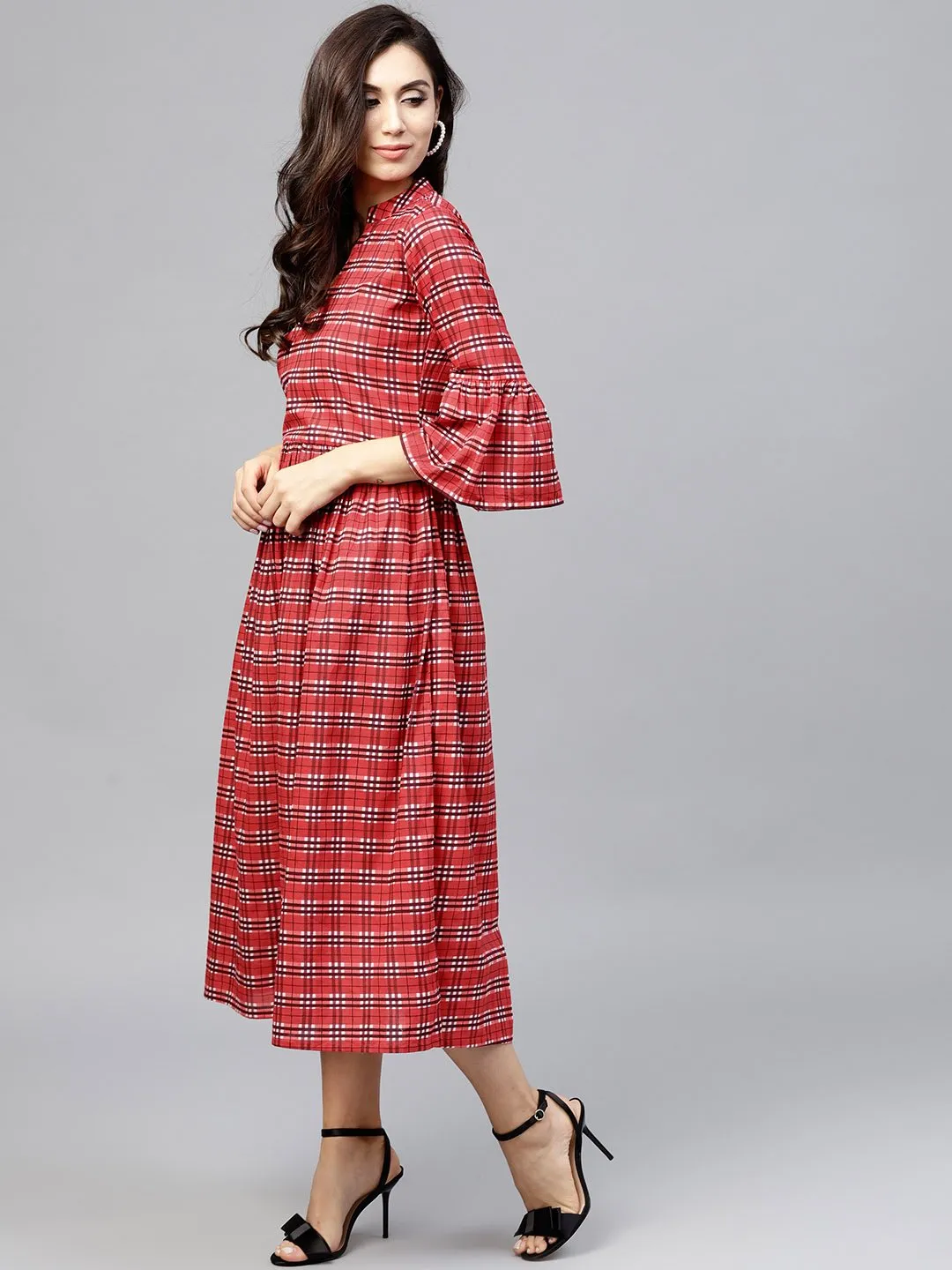 Red Checked Dress With Madarin Collar And Flared Sleeves