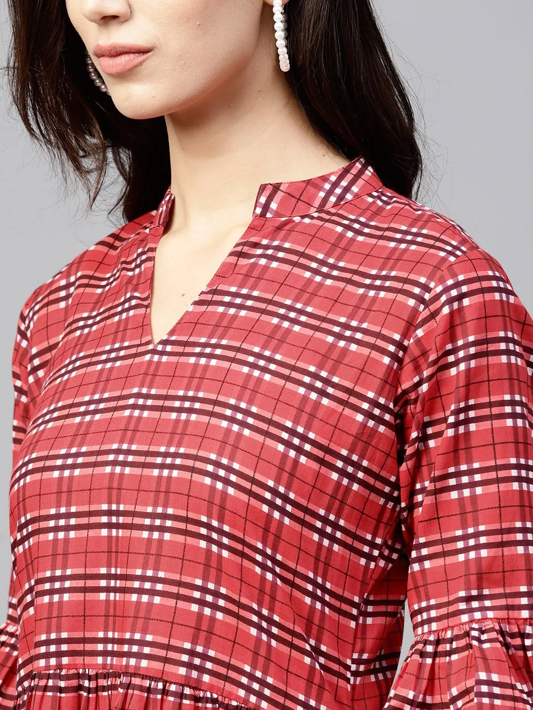 Red Checked Dress With Madarin Collar And Flared Sleeves