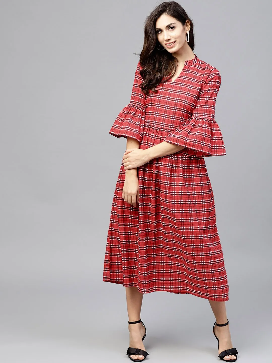 Red Checked Dress With Madarin Collar And Flared Sleeves