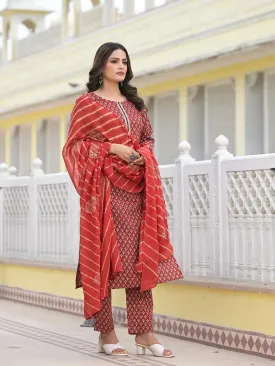 Red Cutdana_Work Straight Kurta Trouser And Dupatta Set