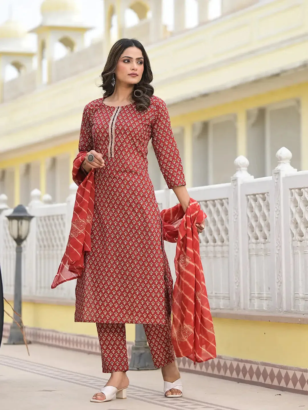 Red Cutdana_Work Straight Kurta Trouser And Dupatta Set