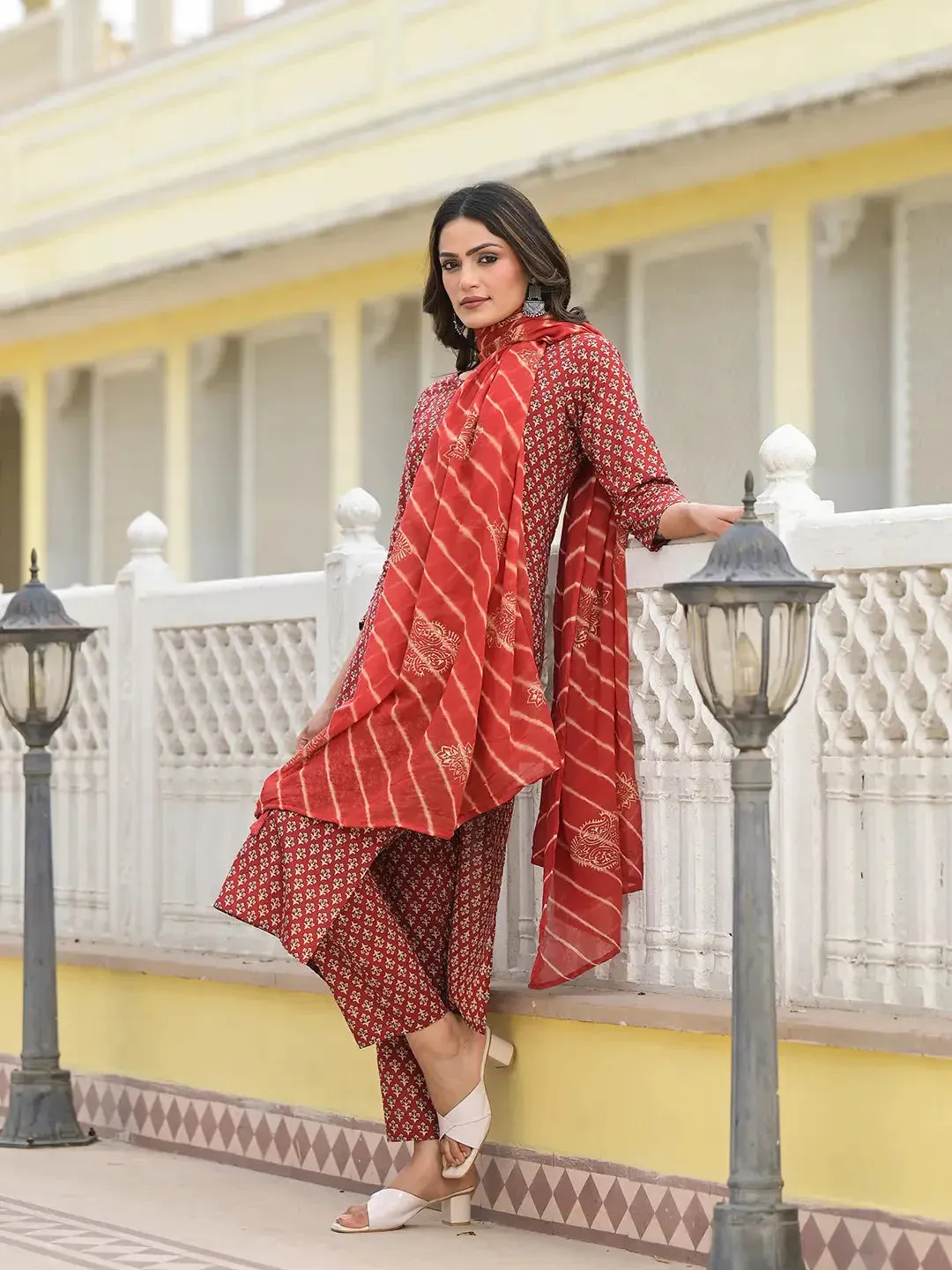 Red Cutdana_Work Straight Kurta Trouser And Dupatta Set