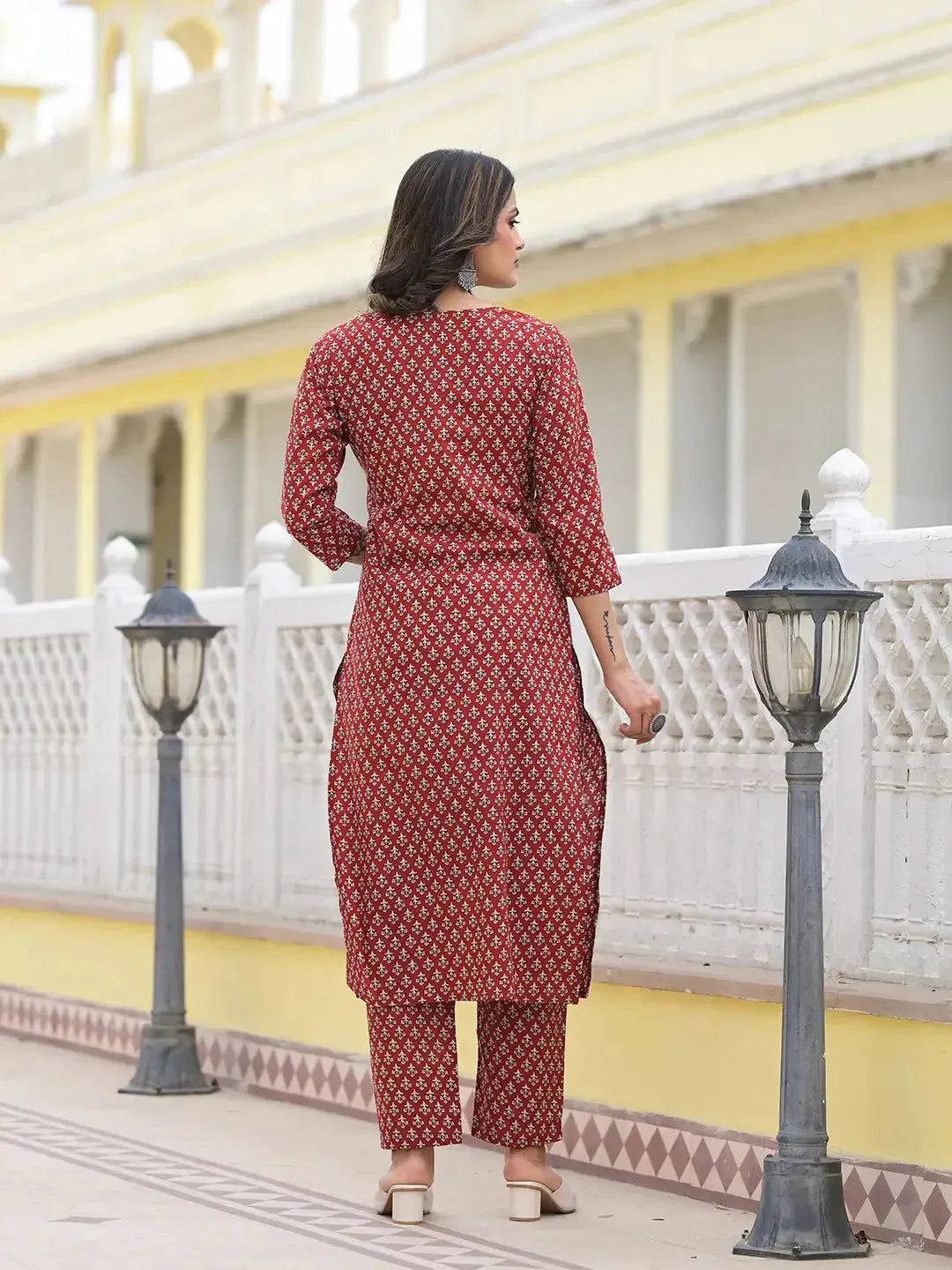 Red Cutdana_Work Straight Kurta Trouser And Dupatta Set