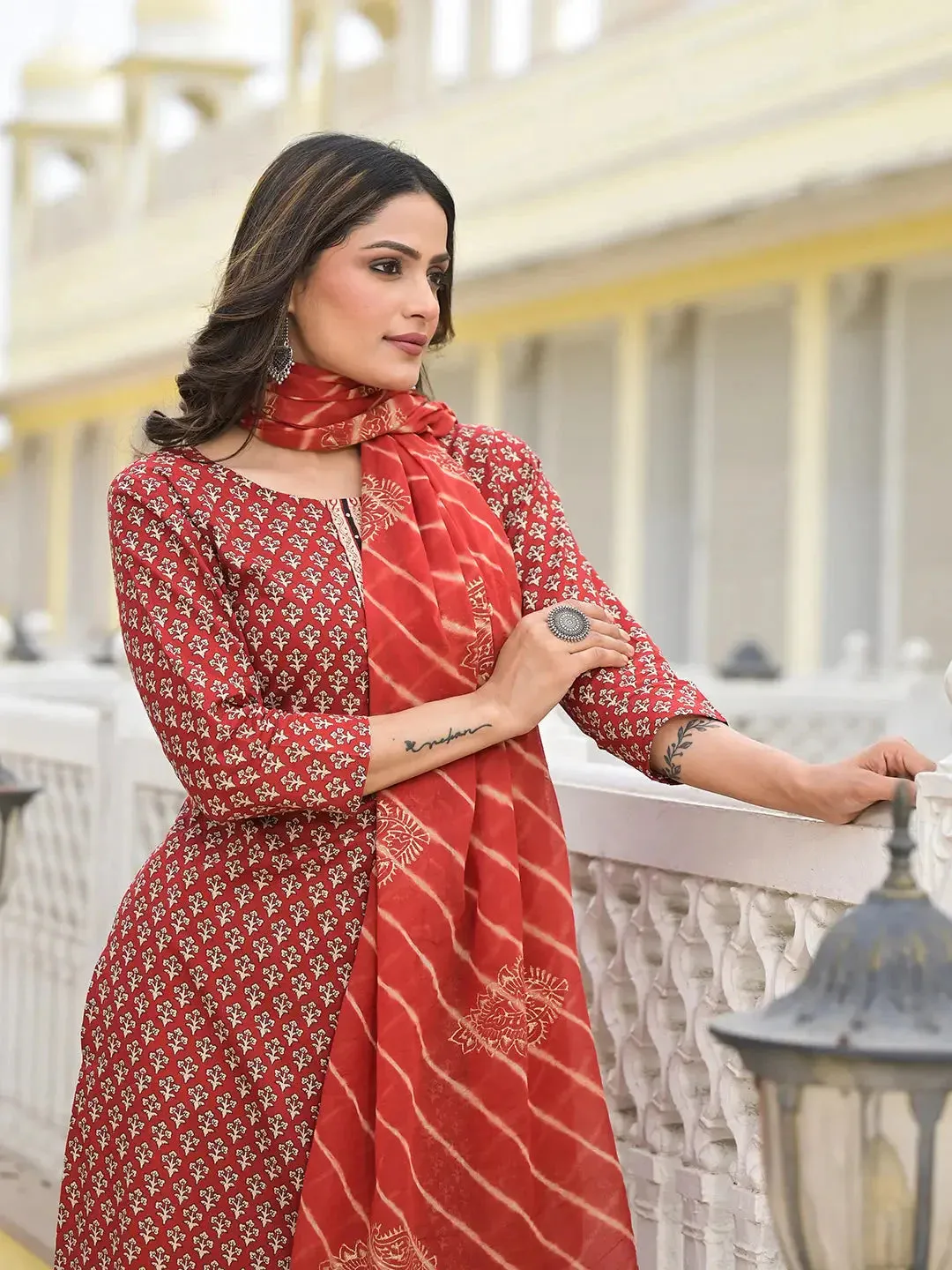 Red Cutdana_Work Straight Kurta Trouser And Dupatta Set