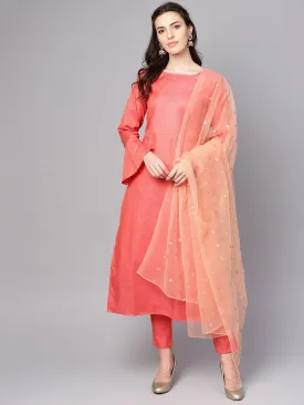 Red Full Sleeve Cotton Kurta With  Pant And Brocade Dupatta