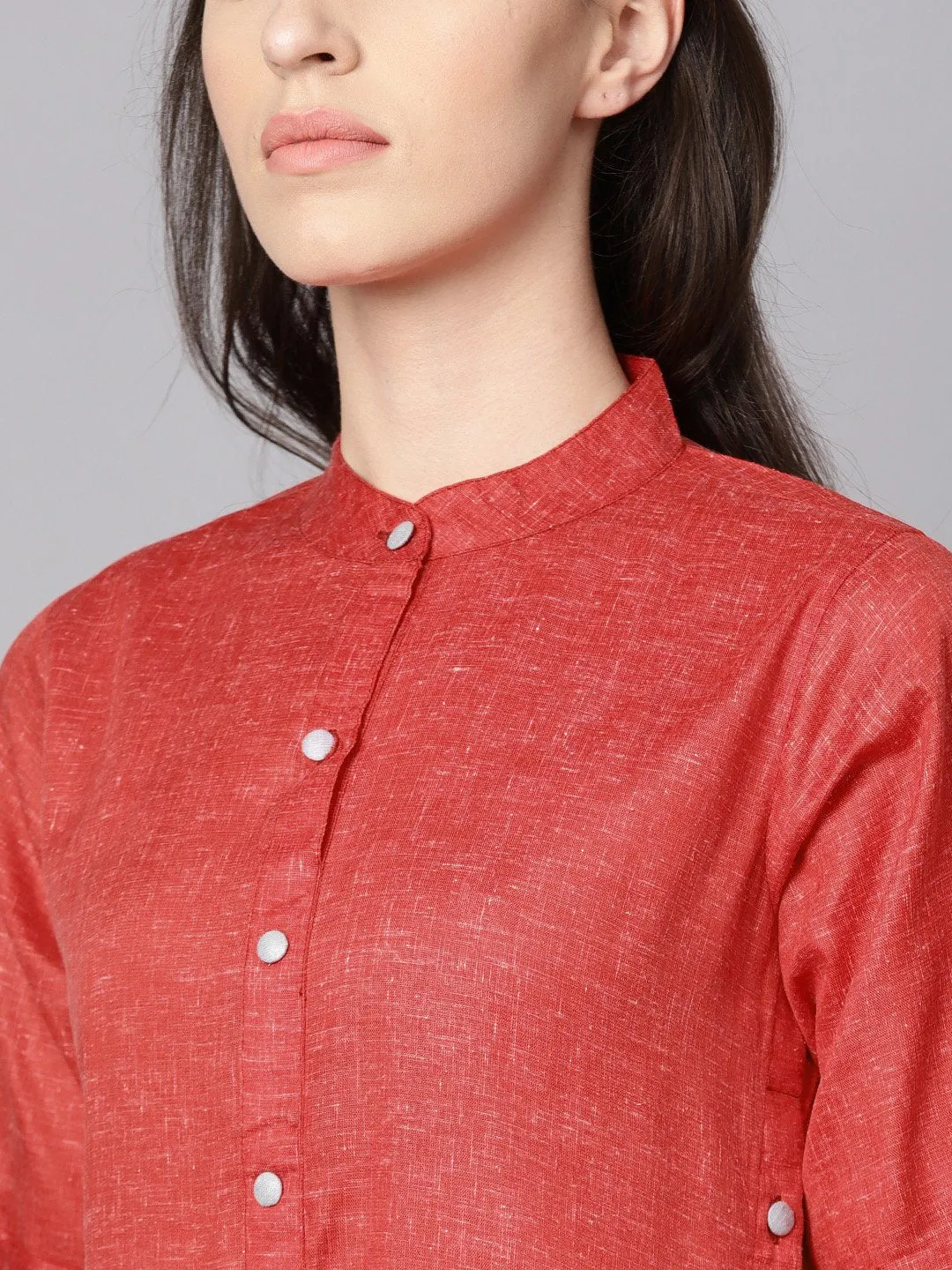 Red High-Low Short Sleeve Kurta Set With Solid Grey Pants