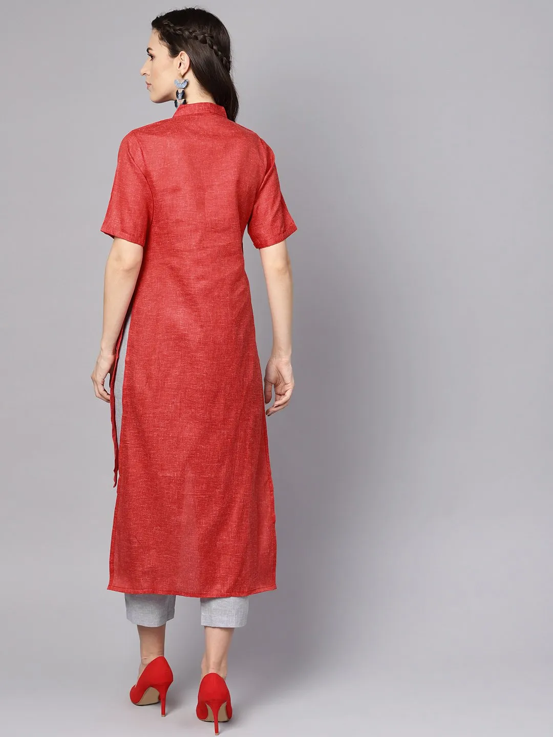 Red High-Low Short Sleeve Kurta Set With Solid Grey Pants