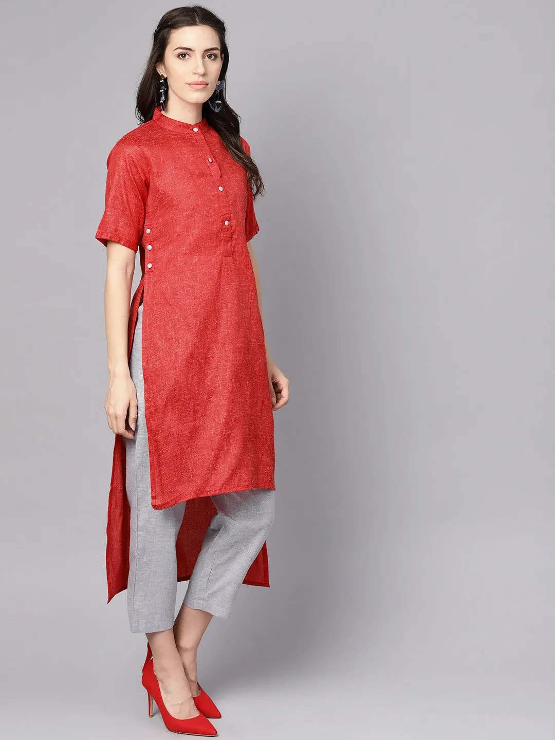 Red High-Low Short Sleeve Kurta Set With Solid Grey Pants