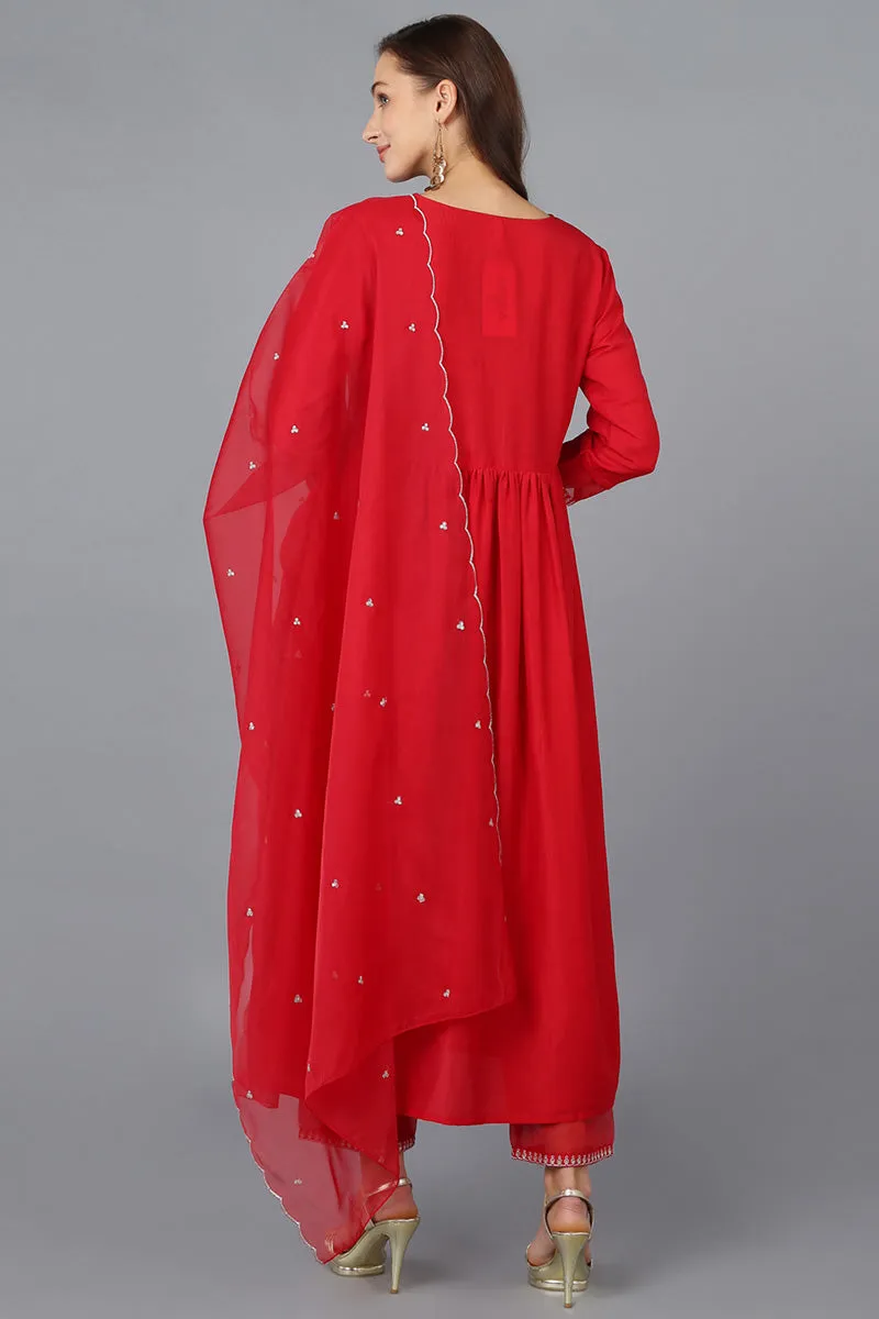 Red Silk Blend Solid Straight Kurta Trousers With Dupatta