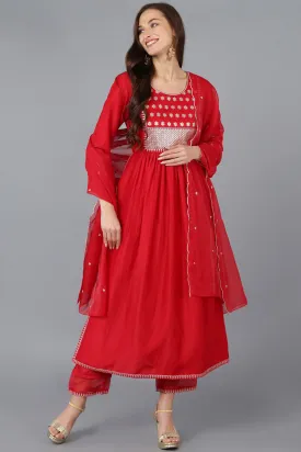 Red Silk Blend Solid Straight Kurta Trousers With Dupatta