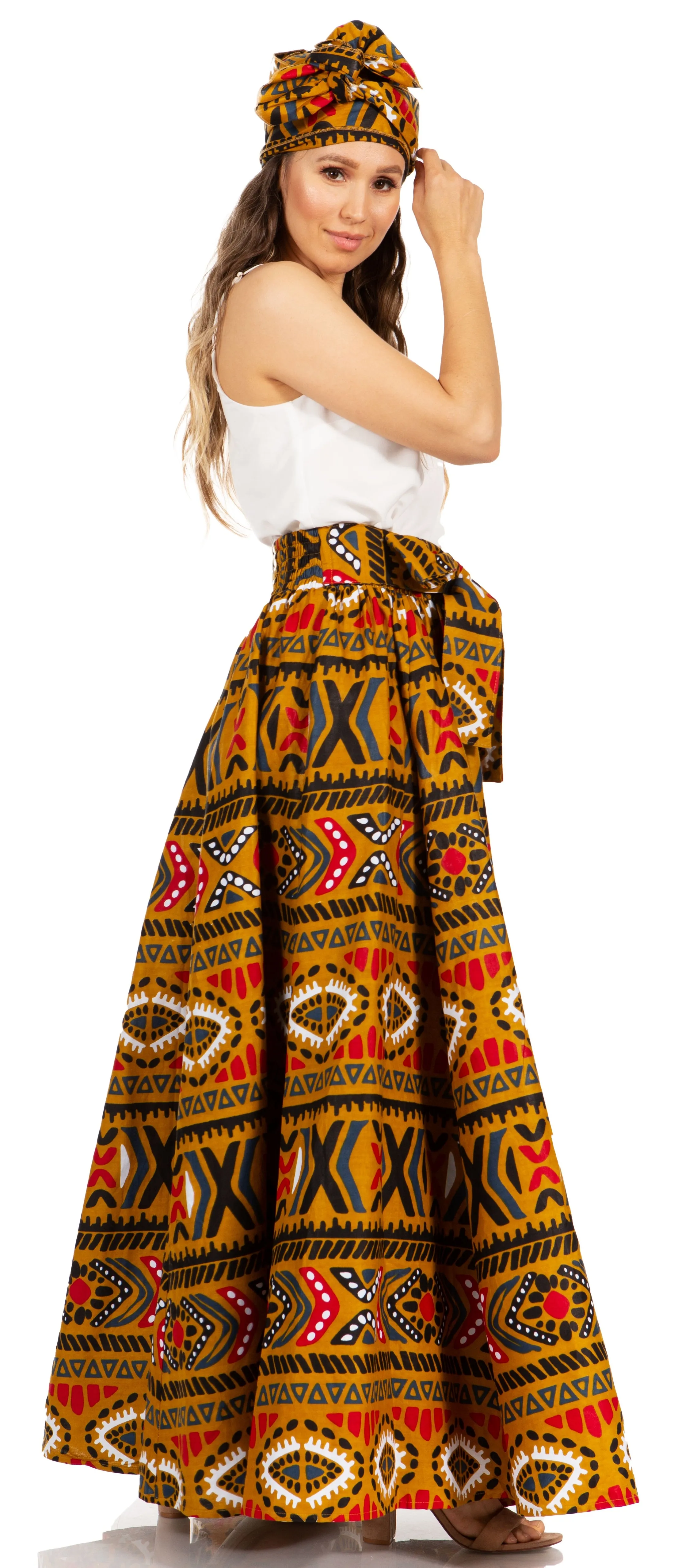 Sakkas Asma's Second Convertible Traditional Wax Print Maxi Skirt with Adjustable Straps