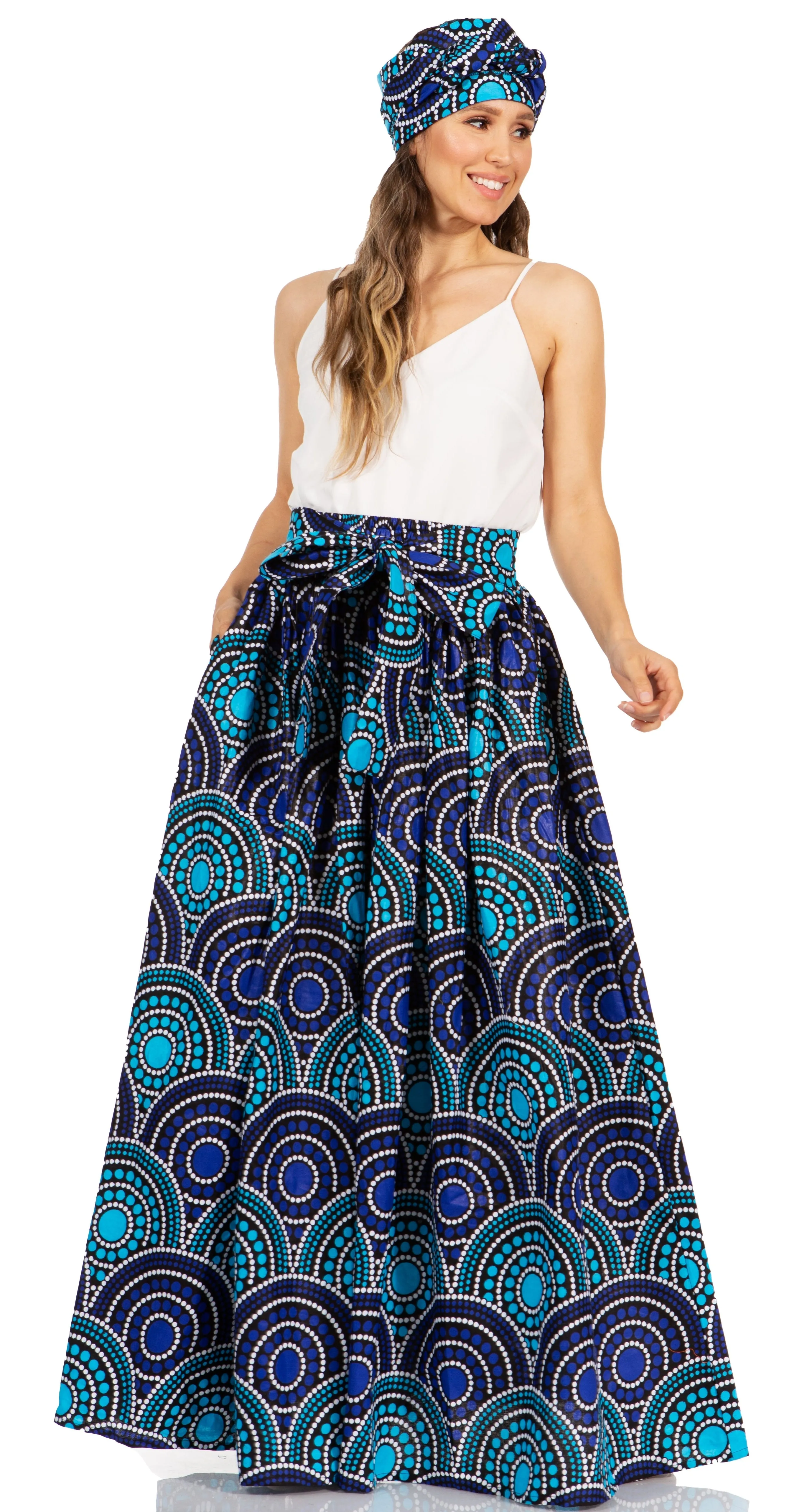 Sakkas Asma's Second Convertible Traditional Wax Print Maxi Skirt with Adjustable Straps