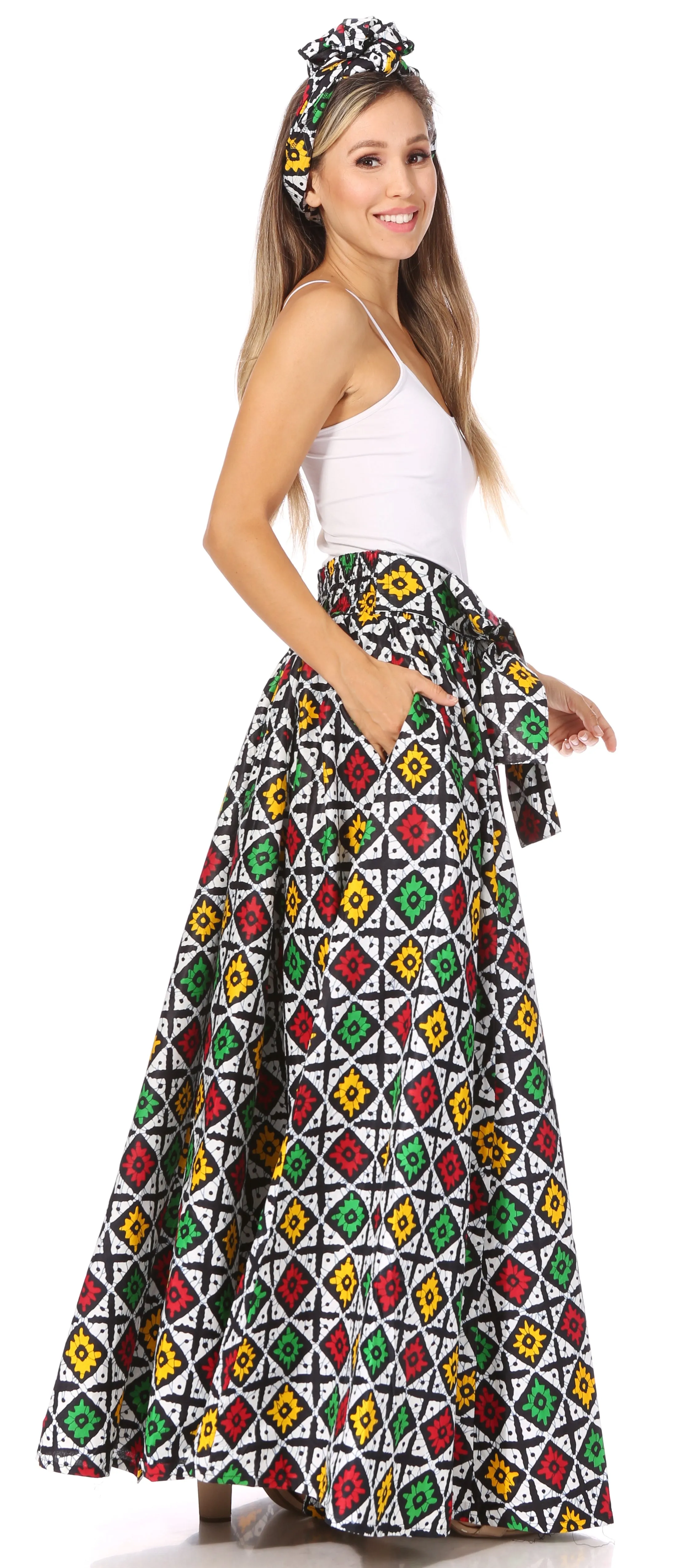 Sakkas Asma's Second Convertible Traditional Wax Print Maxi Skirt with Adjustable Straps