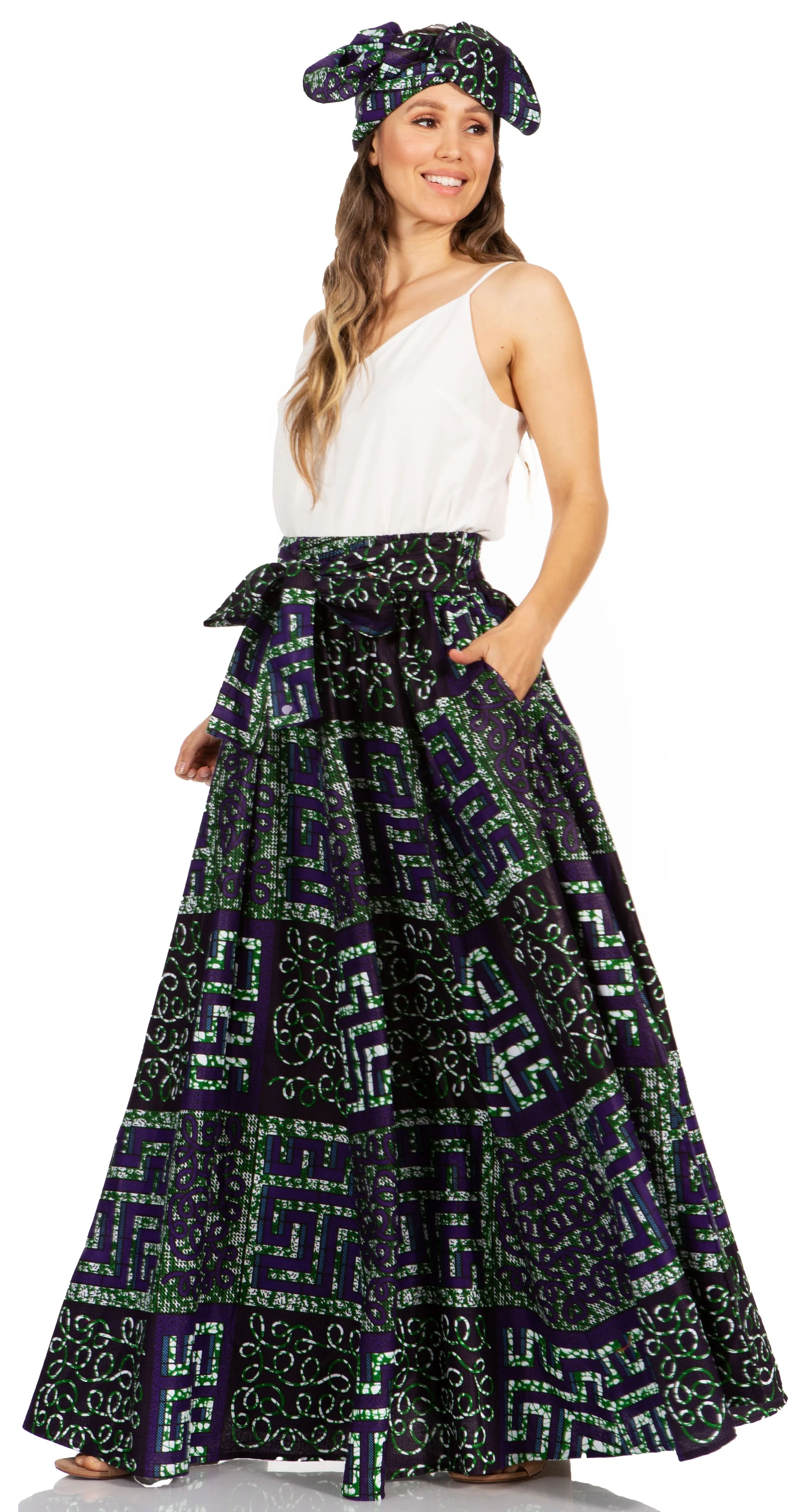 Sakkas Asma's Second Convertible Traditional Wax Print Maxi Skirt with Adjustable Straps