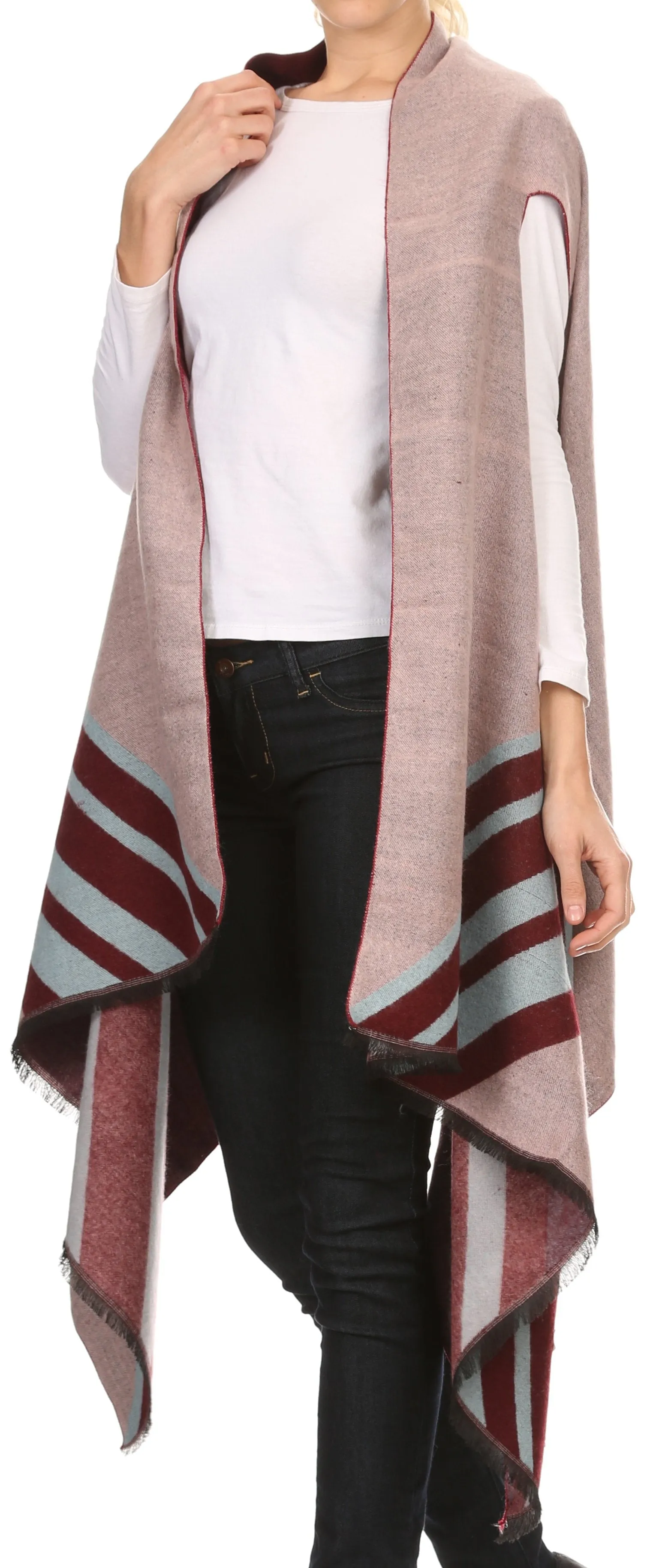 Sakkas Janeek Thick Warm Long Tapered Striped Multi Color Block Poncho Cape Wrap