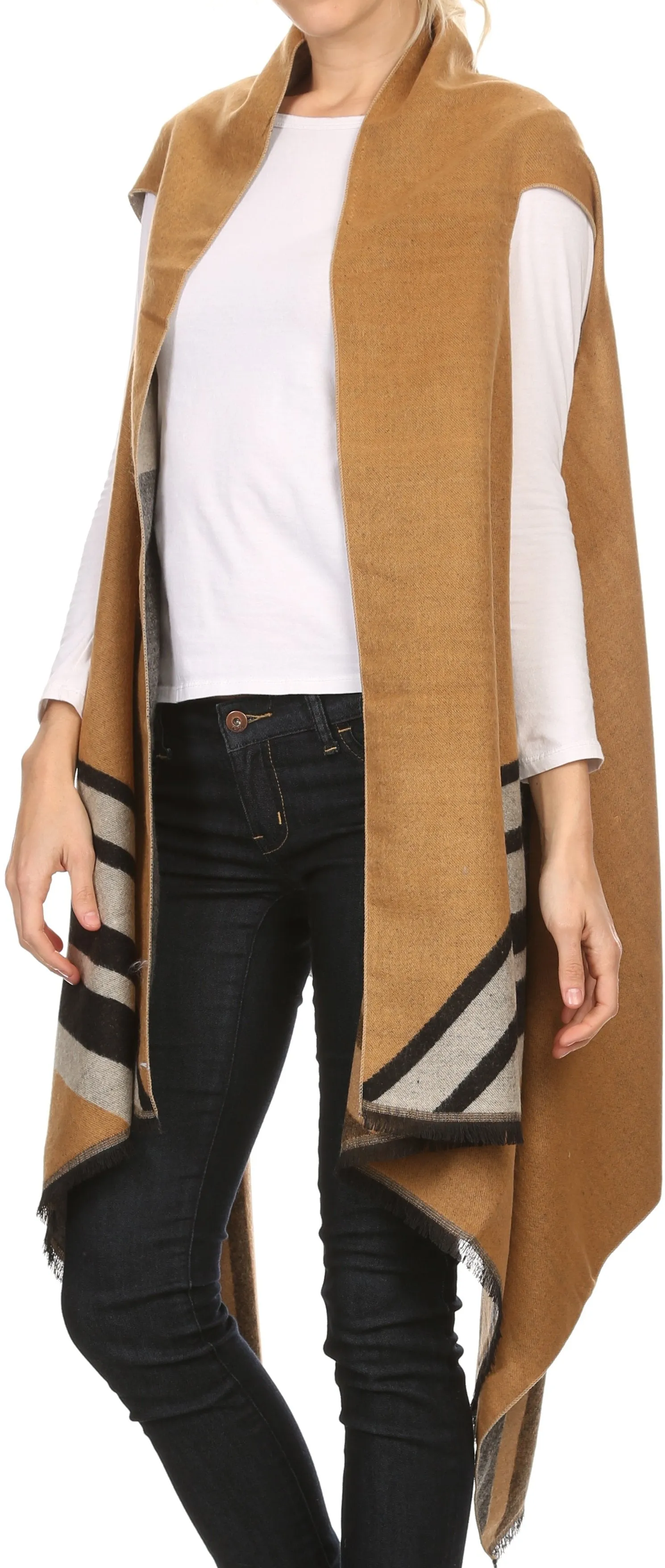 Sakkas Janeek Thick Warm Long Tapered Striped Multi Color Block Poncho Cape Wrap