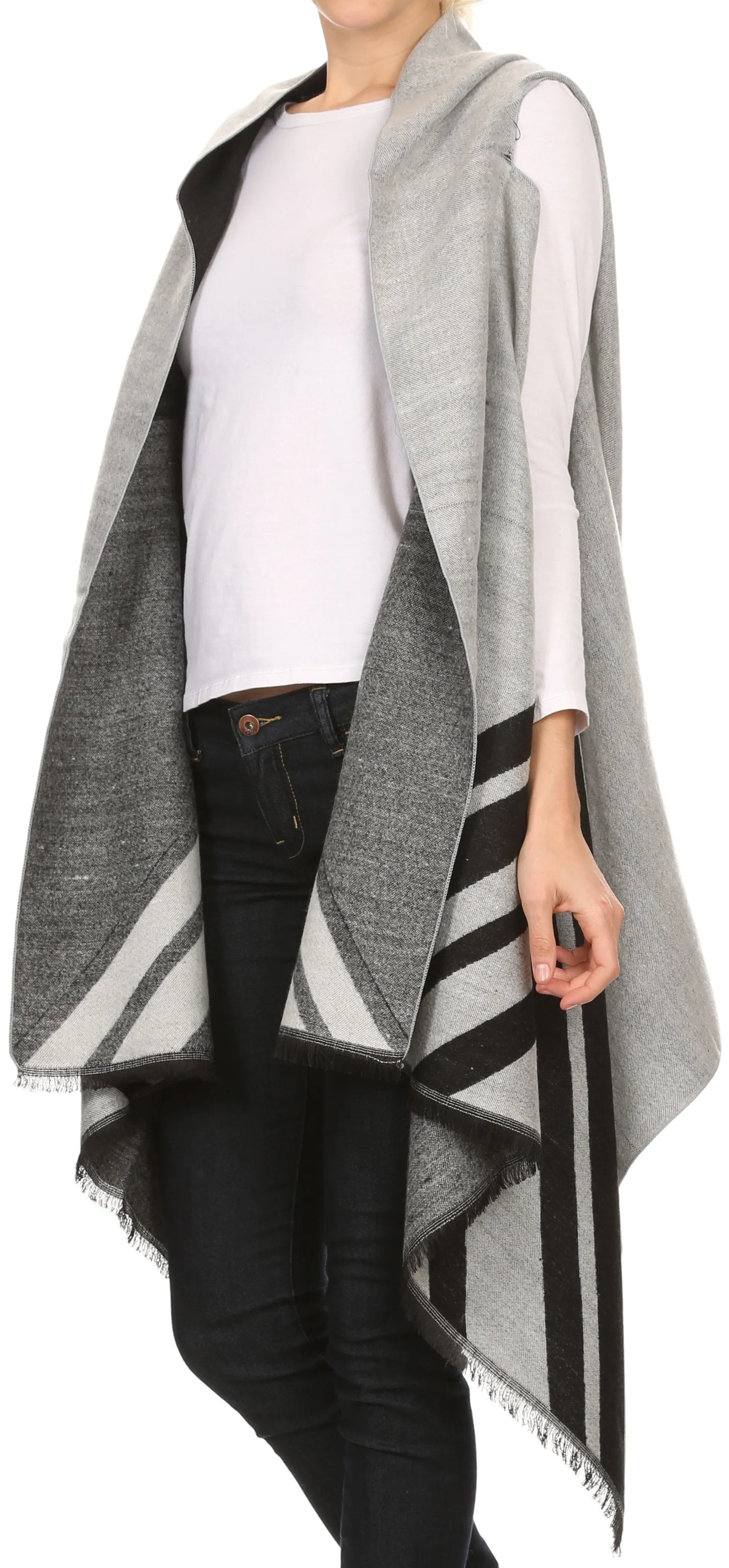 Sakkas Janeek Thick Warm Long Tapered Striped Multi Color Block Poncho Cape Wrap