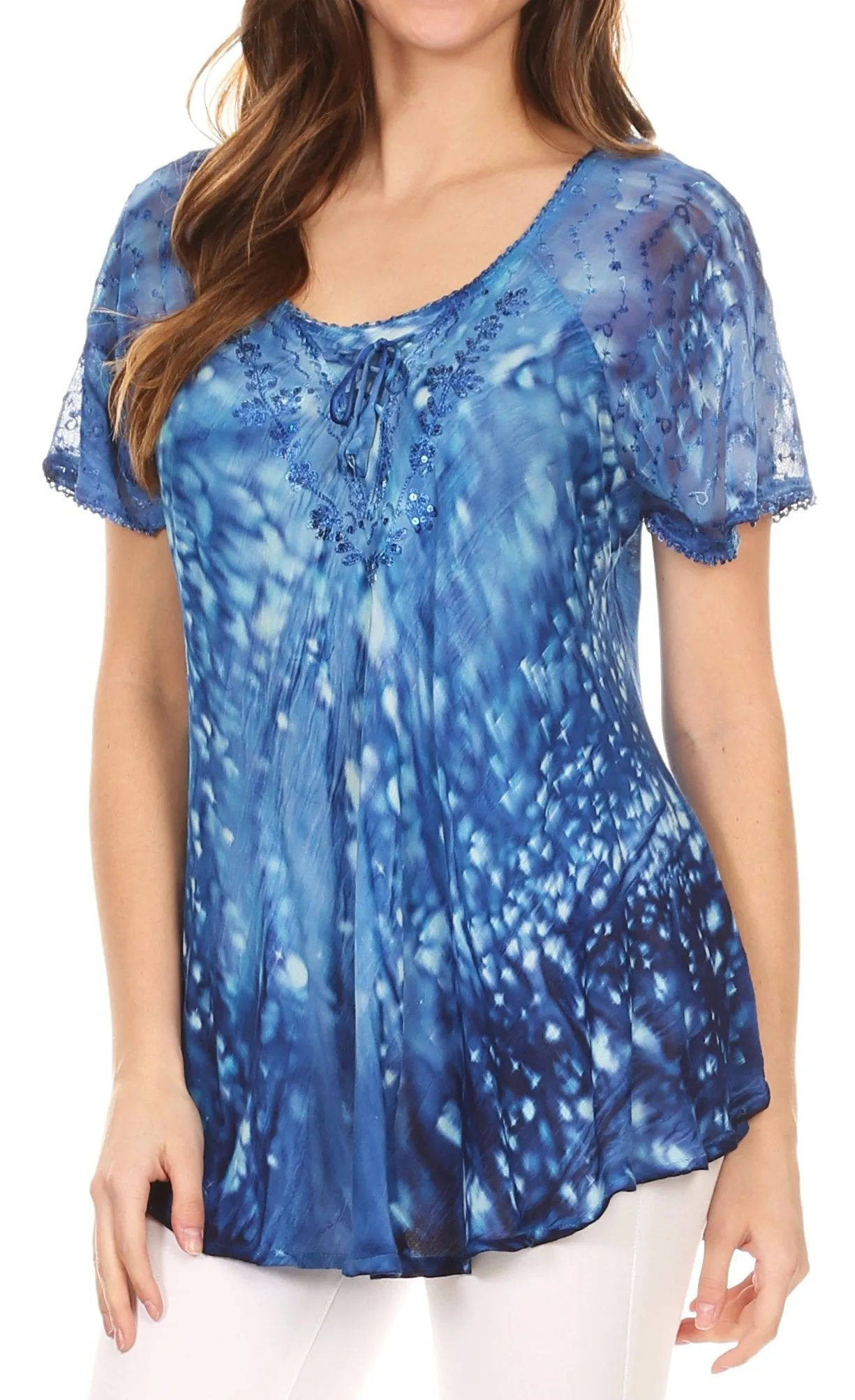 Sakkas Mira Tie Dye Two Tone Sheer Cap Sleeve Relaxed Fit Embellished Tunic Top