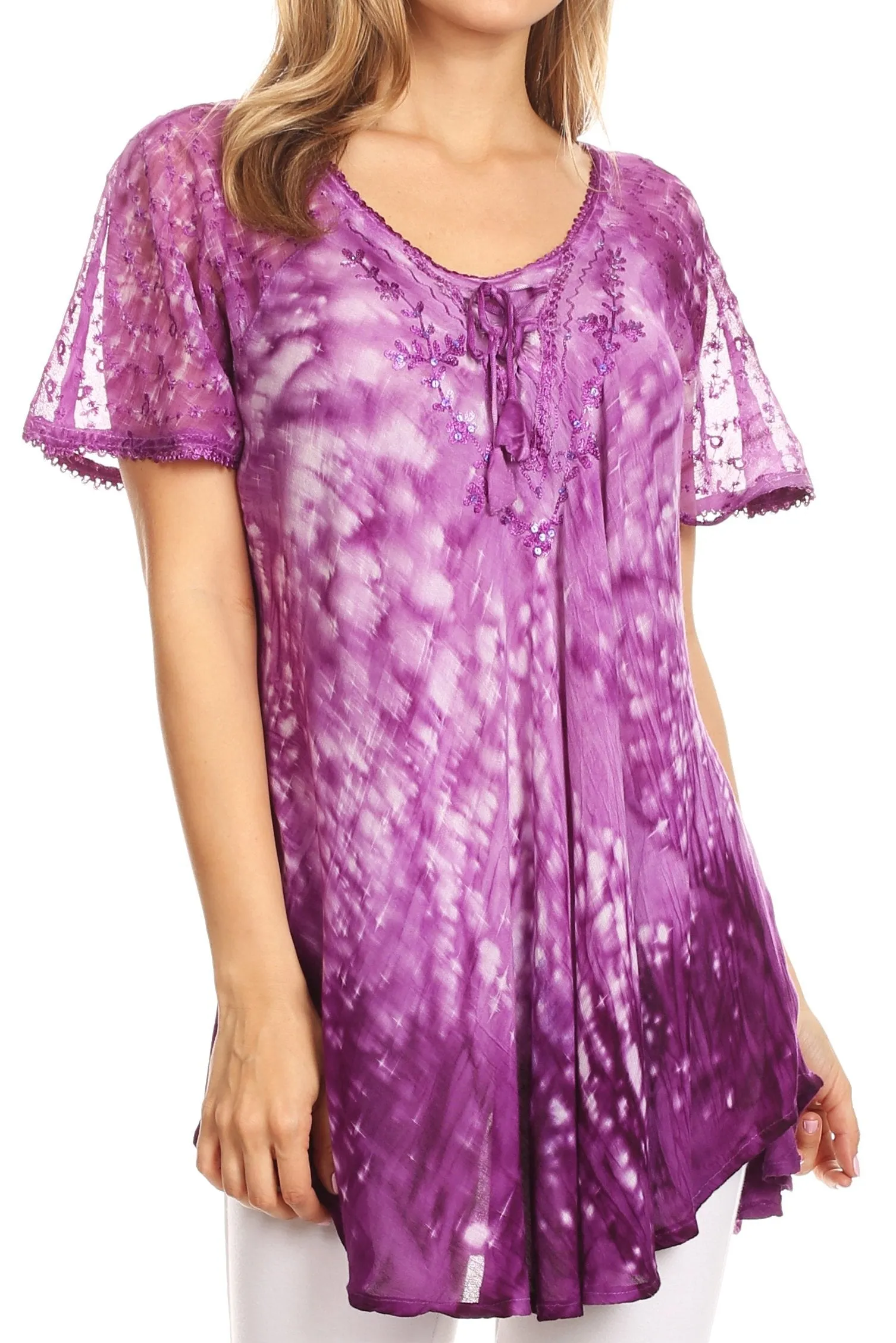 Sakkas Mira Tie Dye Two Tone Sheer Cap Sleeve Relaxed Fit Embellished Tunic Top