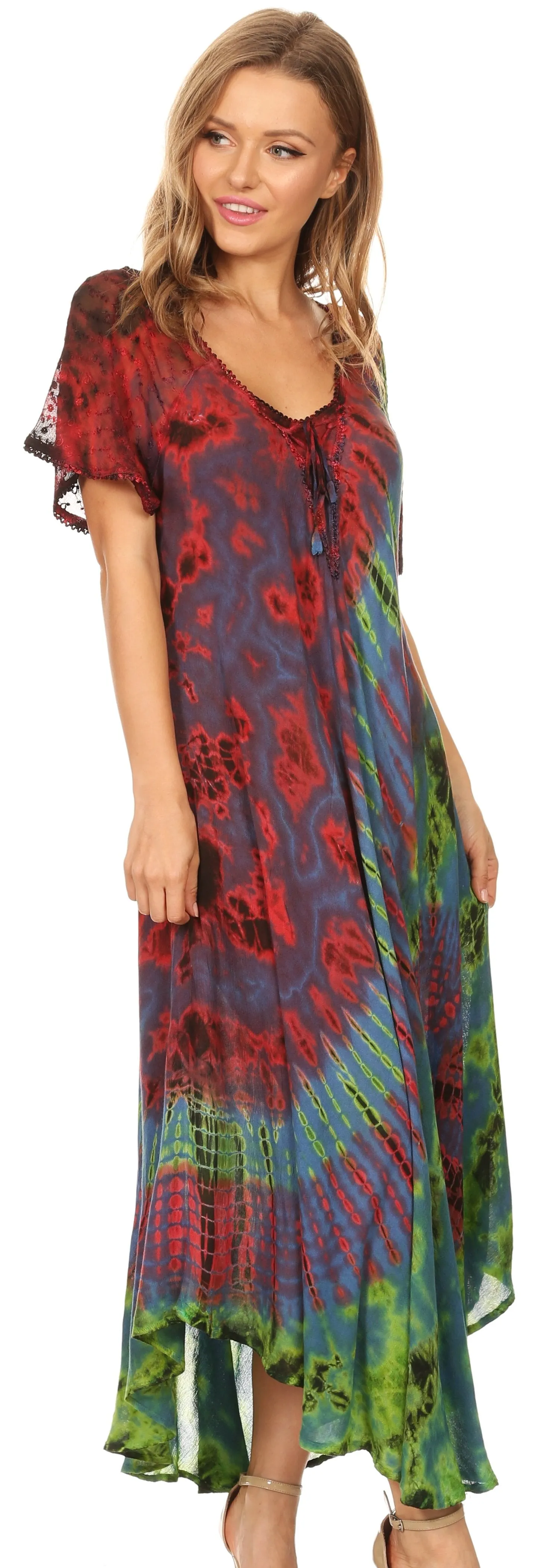 Sakkas Ria Tie Dye Embroidered Cap Sleeve Wide Neck Caftan Dress / Beach Cover Up