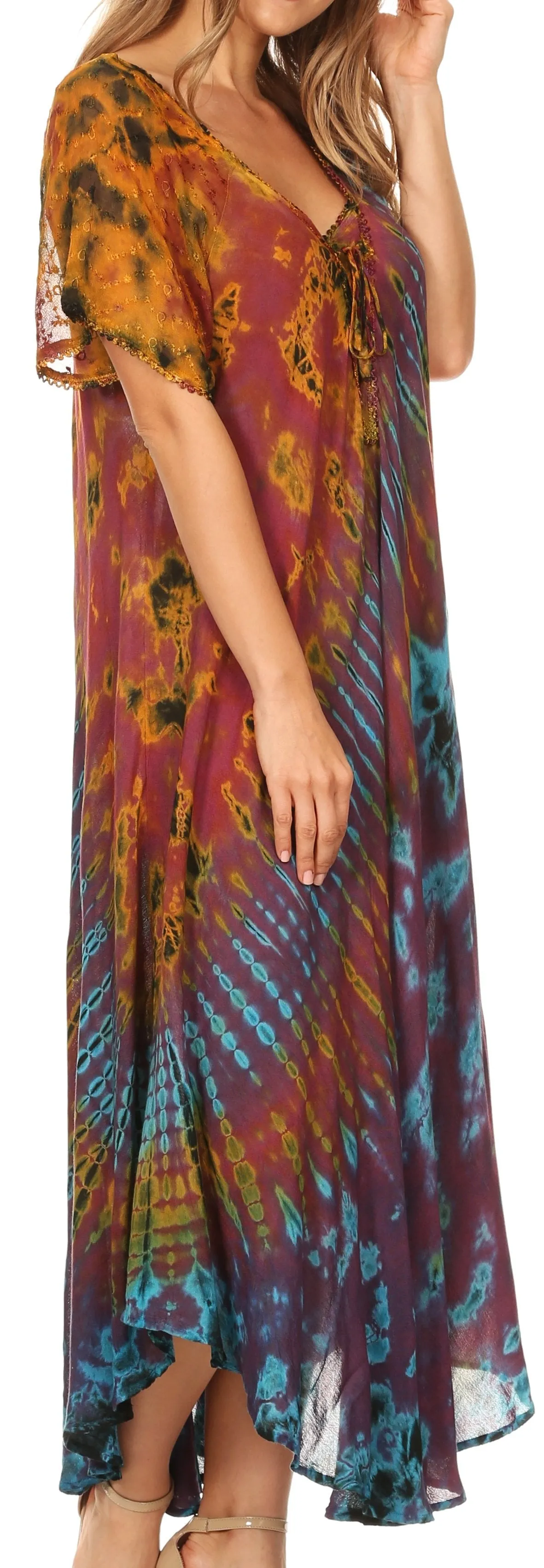 Sakkas Ria Tie Dye Embroidered Cap Sleeve Wide Neck Caftan Dress / Beach Cover Up